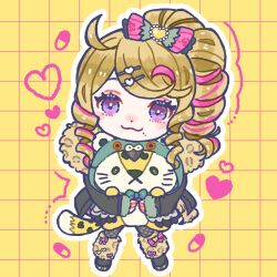  ._. :3 animal_ears animal_print blonde_hair bow chest_bow fishnet_pantyhose fishnets grid_background gyaru hair_bow heart heart_hairclip heartsync highres hug leg_warmers leopard leopard_ears leopard_print leopard_tail lifelines(siena_olena) maineko1221 mole mole_under_mouth multicolored_hair pantyhose pearl_hair_ornament pink_hair siena_olena tail two-tone_hair violet_eyes virtual_youtuber yellow_background 
