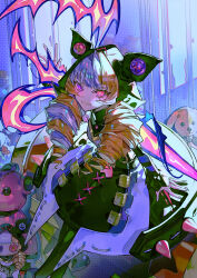  1girl absurdres animal_ears black_dress black_thighhighs blonde_hair commentary_request dress drill_hair fingernails hat heterochromia highres long_fingernails looking_at_viewer multicolored_hair mura_karuki official_art original pink_hair purple_hair smile solo star_(symbol) star_in_eye stuffed_animal stuffed_dog stuffed_toy symbol_in_eye teddy_bear thigh-highs twin_drills violet_eyes 