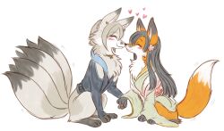  animal animal_focus animal_with_hair animalization black_hair black_jacket blush closed_eyes closed_mouth clothed_animal face-to-face fox from_side grey_hair idolmaster idolmaster_cinderella_girls jacket kobayakawa_sae long_hair mahoxyshoujo multiple_tails no_humans noses_touching shiomi_syuko short_hair simple_background sitting smile tail white_background yuri 