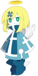  1girl angel angel_wings blonde_hair blue_coat boots chelan_(funamusea) coat covered_mouth cross cross_hair_ornament full_body funamusea funamusea_(artist) green_eyes haiiro_teien hair_ornament hairclip halo official_art short_hair simple_background solo standing white_background white_wings wide_sleeves winged_boots wings 