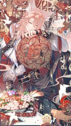  1boy ^_^ animal_ears aqueasirius bandaged_hand bandages bead_bracelet beads belt bird black_bandages black_belt black_hanfu black_pants black_robe bracelet branch cake_cat_(honkai:_star_rail) cape carp chili_pepper chinese_clothes chinese_commentary chinese_knot chinese_paper-cut closed_eyes cloud_print commentary_request cooking_pot corn curtained_hair doufang dumpling facing_viewer feather_trim feet_out_of_frame fish_cake flower food fox_boy fox_ears fur-trimmed_cape fur_trim gold_trim hair_between_eyes hair_ornament hair_stick hand_to_own_mouth hanfu highres holding holding_paper_cutout honkai:_star_rail honkai_(series) hotpot jewelry jiaoqiu_(honkai:_star_rail) jiaozi knee_up light_particles long_hair male_focus meat o-ring o-ring_belt origami_bird_(honkai:_star_rail) pants paper_cutout parted_lips pink_hair plum_blossoms red_cape red_ribbon ribbon robe shirt shirt_tucked_in sitting smile solo swallow_(bird) table tassel white_flower white_shirt xiangyun yuanlingpao 