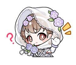 1girl ? artist_request bead_necklace beads blush_stickers bow bowtie bracelet bright_pupils brooch brown_eyes brown_hair chibi cloak closed_mouth confused copyright_notice cropped_torso dress elbow_gloves flower flower_brooch frilled_sleeves frills frown gloves hair_flower hair_ornament hairband hand_up hat hat_flower hood hood_up hooded_cloak infinity_nikki jewelry lace-trimmed_hood leaf listening looking_to_the_side luminous_nightflow_(infinity_nikki) necklace nikki_(series) official_art purple_flower raised_eyebrow see-through_clothes see-through_hood short_hair short_sleeves solo square_neckline sticker_(medium) tareme transparent_background updo white_bow white_bowtie white_cloak white_dress white_gloves white_hairband white_pupils 