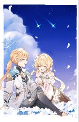  1boy 1girl aether_(as_heaven_and_earth_are_made_anew)_(genshin_impact) aether_(genshin_impact) ahoge blonde_hair blue_feathers blue_sky breasts brother_and_sister closed_eyes clouds dress feathers flower flower_ornament genshin_impact hair_between_eyes jacket laughing long_hair long_sleeves lumine_(as_heaven_and_earth_are_made_anew)_(genshin_impact) lumine_(genshin_impact) medium_breasts official_alternate_costume official_alternate_hairstyle outdoors petals ponytail scarf shinoo0915 short_hair_with_long_locks shoulder_peek siblings sky smile white_dress white_flower white_petals white_scarf 