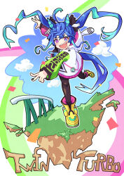  1girl @_@ ahoge animal_ears blue_eyes blue_hair blue_sky blush boots brown_leggings character_name clouds coat commentary_request confetti crossed_bangs drawstring fence heterochromia hood hooded_coat hoodie horse_ears horse_girl horse_tail leggings long_hair long_sleeves multicolored_coat multicolored_hair multicolored_hoodie open_mouth running sharp_teeth sky smile solo stuffed_animal stuffed_rabbit stuffed_toy tail teeth twin_turbo_(blast_mode!_turbo_engine)_(umamusume) twin_turbo_(umamusume) twintails umamusume violet_eyes yellow_boots yoshiharu_izumi 