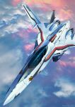  1boy clouds commentary_request flying helmet highres macross macross_frontier mecha pilot pilot_suit realistic remote_shiba robot s.m.s. saotome_alto science_fiction signature spacesuit variable_fighter vf-25 when_you_see_it 