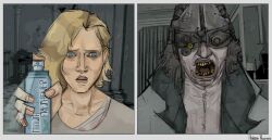 1boy 1girl adam666phoenix aegyo_sal blonde_hair blue_eyes bob_cut colored_teeth commentary english_commentary goggles grace_ashcroft headgear highres indoors looking_at_viewer meme open_mouth resident_evil resident_evil_requiem spraying upper_body victor_gideon worried yellow_teeth 