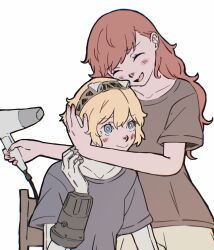  2girls absurdres aigis_(persona) android blonde_hair blue_eyes brown_hair chair closed_eyes gold_hairband hair_dryer hairband head_hug highres hug long_hair mechanical_arms multiple_girls persona persona_3 persona_3_portable robot_ears robot_girl shiomi_kotone shirt short_hair sitting sleepwear smile t-shirt tbjj1208 yuri 