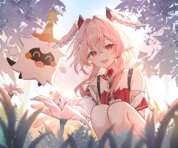  1girl bare_shoulders black_necktie blurry commentary_request creature crossed_bangs depth_of_field detached_collar detached_sleeves feathered_wings flower genshin_impact grass hair_between_eyes hair_intakes hair_ornament hairclip head_wings heart heart-shaped_pupils highres leaf light_blush linnea_(genshin_impact) looking_at_flowers lumi_(genshin_impact) luna_(luna610) medium_hair necktie open_mouth outdoors pink_hair pink_wings pointy_ears reaching red_eyes smile squatting symbol-shaped_pupils teeth upper_teeth_only white_flower white_sleeves wings 