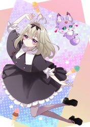  1girl absurdres antenna_hair black_capelet black_dress black_shoes capelet commentary_request dress food frilled_dress frills grey_hair hair_between_eyes hair_intakes highres ice_cream ice_cream_cone ikura_onigiri jewelry long_hair looking_at_viewer mashu-tan meitantei_precure! moria_luluka necklace pantyhose pendant precure purple_pantyhose shoes star_(symbol) violet_eyes 