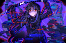  1girl absurdres black_gloves black_hair black_shirt blood blood_from_eyes blood_from_mouth chromatic_aberration collared_shirt english_commentary glitch gloves glowing glowing_eyes highres holding holding_above_head holding_sword holding_weapon jacket limbus_company long_hair long_sleeves multicolored_hair multiple_views natsoo_(natsoomeee) necktie ootachi outline parted_bangs parted_lips pinky_(identity)_(project_moon) project_moon purple_jacket purple_necktie purple_streaks red_eyes red_outline ryoshu_(project_moon) scabbard sheath shirt sidelocks signature streaked_hair suit suit_jacket sword sword_on_back tears unsheathing very_long_hair weapon weapon_on_back 