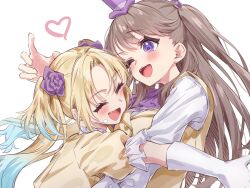  2girls :d ^_^ ascot blonde_hair blue_hair blush brown_hair closed_eyes commentary curtained_hair fang flower frilled_sleeves frills fujishima_megumi gradient_hair hair_flower hair_ornament hana_sakeba_yume_kakeru hat headset highres jacket long_hair long_sleeves love_live! love_live!_hasu_no_sora_jogakuin_school_idol_club love_live!_hasu_no_sora_jogakuin_school_idol_club_bloom_garden_party mini_hat mini_top_hat mira-cra_park! multicolored_hair multiple_girls muya_4221 open_mouth osawa_rurino parted_bangs puffy_short_sleeves puffy_sleeves purple_ascot purple_flower purple_hat shirt short-sleeved_jacket short_sleeves simple_background sleeveless sleeveless_jacket smile teeth top_hat twintails two_side_up upper_teeth_only violet_eyes white_background white_shirt yellow_jacket 