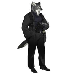  1boy animal_ears arknights artist_request belt black_gloves black_jacket black_pants black_shirt black_shoes black_suit blue_shirt chest_harness closed_mouth collared_shirt formal_clothes full_body furry furry_male gambino_(arknights) gloves hand_in_pocket harness holding jacket long_sleeves looking_at_viewer looking_to_the_side male_focus official_art pants scar scar_on_face shirt shoes simple_background solo standing suit tail third-party_source transparent_background wolf_boy wolf_ears wolf_tail 