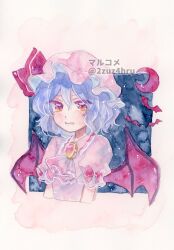  1girl 2zuz4hru artist_name ascot bat_(animal) bat_wings blue_hair blush brooch commentary_request crescent_moon hat hat_ribbon highres jewelry looking_at_viewer mob_cap moon open_mouth painting_(medium) pink_ascot pink_hat pink_shirt red_eyes remilia_scarlet ribbon shirt solo touhou traditional_media twitter_username upper_body watercolor_(medium) wings 