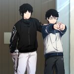  2boys bangs black_hair blurry brown_eyes closed_mouth cowboy_shot depth_of_field emblem exercise frown futaba_08_cnmrl glasses green_eyes grey-framed_eyewear grey_pants hand_on_another&#039;s_arm highres interlocked_fingers jacket karasuma_kyousuke long_sleeves looking_afar looking_at_another male_focus mikumo_osamu multicolored_clothes multicolored_jacket multiple_boys outstretched_arm outstretched_arms own_hands_together pants parted_lips semi-rimless_eyewear shoes short_hair standing standing_on_one_leg stretching symbol-only_commentary training two-tone_jacket under-rim_eyewear white_footwear white_pants world_trigger zipper 