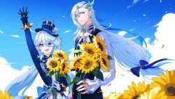  1boy 1girl arm_up ascot asymmetrical_gloves black_gloves black_vest blue_bow blue_eyes blue_hair blue_hat blue_jacket blue_sky blurry bow brooch chinese_commentary closed_mouth clouds commentary_request day depth_of_field drop-shaped_pupils falling_petals flower furina_(genshin_impact) genshin_impact gloves hair_between_eyes hair_bow hair_ornament half_gloves hat heterochromia highres holding holding_flower hydro_symbol_(genshin_impact) jacket jewelry long_hair long_sleeves looking_at_viewer low-tied_long_hair mismatched_gloves multicolored_hair neuvillette_(genshin_impact) open_mouth outdoors petals pointy_ears shirt side-by-side signature sky smile streaked_hair sunflower symbol-shaped_pupils teeth tooaya top_hat upper_teeth_only vest violet_eyes vision_(genshin_impact) waving white_ascot white_gloves white_hair white_shirt yellow_flower 