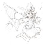  1girl animal_ears bird_ears bird_wings dress eighth_note fingernails frilled_dress frilled_sleeves frills full_body greyscale hinoyama_ena long_fingernails long_sleeves monochrome musical_note mystia_lorelei open_mouth sharp_fingernails shoes short_hair simple_background smile solo touhou white_background wide_sleeves winged_hat wings 