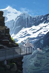  1girl absurdres blue_archive bridge cliff clouds colored_skin cyansapphire halo hat highres landscape large_hat long_hair malkuth_(blue_archive) mountain nature outdoors rock scenery sky snow very_long_hair white_hair white_skin 