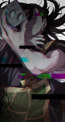  1boy black_hair black_kimono commentary_request crying earrings glitch hair_between_eyes highres holding japanese_clothes jewelry jujutsu_kaisen kimono male_focus one_eye_covered parted_lips simple_background solo stitched_face stitches takaba_fumihiko tears teeth user_atst4853 white_background 