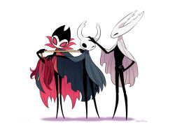  1boy 2others aged_up arthropod_boy bano_akira black_cape black_skin cape cloak colored_skin commentary_request grey_cloak grimm_(hollow_knight) hollow_knight hollow_knight_(character) horned_mask knight_(hollow_knight) mask measuring multiple_others petting pure_vessel red_cape siblings simple_background two-sided_cape two-sided_fabric white_background white_cloak white_mask 