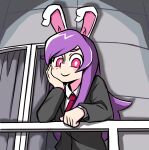  1girl animal_ears bangs black_jacket blazer blush breasts bright_pupils closed_mouth collared_shirt commentary_request cookie_(touhou) head_rest highres hisui_(cookie) jacket jijii_(nicoseiga91467756) long_hair long_sleeves looking_at_viewer necktie parody purple_hair rabbit_ears rabbit_girl railing red_eyes red_necktie reisen_udongein_inaba scotch_(cookie)_(style) shirt small_breasts smile solo spotlight style_parody touhou upper_body white_pupils white_shirt window 