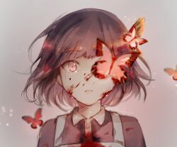  1girl 4nimenut apron arms_at_sides artist_name blood blood_on_clothes blood_on_face blurry bob_cut brown_hair brown_shirt bug bungou_stray_dogs butterfly butterfly_hair_ornament buttons collared_shirt commentary_request contrast_collar crying crying_with_eyes_open depth_of_field grey_background hair_behind_ear hair_ornament light_particles looking_at_viewer one_eye_covered parted_lips pink_eyes portrait red_butterfly shirt short_hair simple_background solo straight-on streaming_tears swept_bangs tears white_apron wide-eyed wind yosano_akiko_(bungou_stray_dogs) 