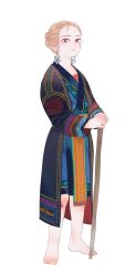  1boy androgynous barefoot brown_hair cane commentary_request earrings expressionless full_body hair_bun highres holding holding_cane jewelry long_sleeves looking_at_viewer male_focus nkvoop original simple_background single_hair_bun solo toes violet_eyes white_background 