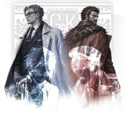  4boys arc182_official beard berezovich_kryuger_(girls'_frontline) black_hair black_necktie black_suit brown_hair coat coat_on_shoulders collared_shirt commander_(girls'_frontline) commentary facial_hair full_beard fur-trimmed_coat fur_trim girls_frontline glasses griffin_&amp;_kryuger_logo griffin_&amp;_kryuger_military_uniform griffin_(girls'_frontline) highres jacket male_focus multiple_boys necktie red_coat shirt suit suit_jacket tie_clip white_coat white_shirt william_(reverse_collapse) 