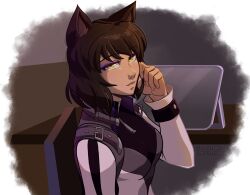  1girl absurdres animal_ears black_hair blake_belladonna breasts cat_ears cat_girl eyeshadow highres long_sleeves looking_at_viewer makeup purple_eyeshadow rwby sadistic_star small_breasts solo upper_body yellow_eyes 