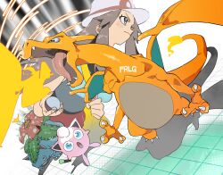  >:( 1girl absurdres bag blue_eyes breath_weapon breathing_fire brown_eyes brown_hair charizard claws commentary_request determined dragon fangs fire flame-tipped_tail flower from_side green_wings hat highres himuro_yukichiko holding holding_bag holding_microphone holding_poke_ball jigglypuff leaf_(pokemon) light_blush lizard long_hair microphone open_mouth orange_wings poke_ball pokemon pokemon_(creature) pokemon_firered_and_leafgreen porkpie_hat red_skirt revision shirt shoulder_bag signature skirt sleeveless sleeveless_shirt surprised tail tile_floor tiles v-shaped_eyebrows venusaur white_background white_hat wings yellow_bag 