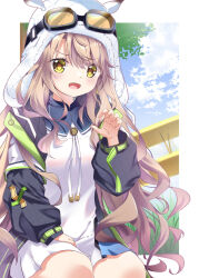  1girl :d anemoi blue_sky blush border brown_hair claw_pose commentary_request cowboy_shot day dress eyes_visible_through_hair fusaba_aino goggles goggles_on_head hair_between_eyes hand_on_own_thigh hand_up highres jacket long_hair long_sleeves looking_at_viewer open_clothes open_jacket open_mouth outdoors outside_border puffy_long_sleeves puffy_sleeves school_uniform short_dress sidelocks sitting sky smile smug solo sukonbu385 v-shaped_eyebrows very_long_hair watermark white_border white_dress yellow_eyes yellow_pupils 