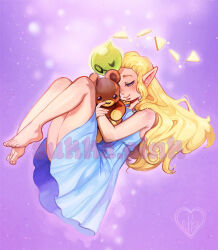  1girl 1other bare_legs barefoot blonde_hair closed_eyes feet fetal_position long_hair nightgown princess_zelda smile solo stuffed_animal stuffed_toy sugarsukka teddy_bear the_legend_of_zelda the_legend_of_zelda:_echoes_of_wisdom toes tri_(zelda) white_nightgown 