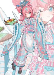  1girl absurdres alternate_costume apron aqua_bow aqua_eyes aria_(zenless_zone_zero) blue_halo blush bow commentary diagonal-striped_ribbon dress floral_print floral_print_kimono food footwear_bow frilled_apron frilled_dress frilled_sleeves frills full_body grey_shorts grin hair_bow halo hands_up highres holding holding_tray japanese_clothes kimono looking_at_viewer maid maid_apron medium_hair neck_ribbon obi omelet omurice one_eye_closed pink_bow pink_hair pink_kimono pink_ribbon polka_dot polka_dot_bow print_kimono quad_tails ribbon sash shorts shuilantao simple_background smile solo sparkling_eyes striped_bow tray unconventional_maid v v_over_eye waist_apron white_background wide_sleeves zenless_zone_zero zoom_layer 