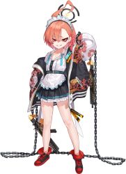  1girl ahoge apron arm_at_side arm_up asymmetrical_bangs belt black_halo black_nails black_skirt blue_archive blue_ribbon braid buttons center_frills chain collarbone collared_shirt cross-laced_shoes delinquent dragon_print earrings english_text flat_chest floral_print frilled_apron frills full_body game_asset grin gun hair_between_eyes halo happy highres jacket jewelry large_variant_set legs long_sleeves looking_at_viewer maid maid_headdress medium_hair miniskirt mole mole_under_eye mx2j neck_ribbon neru_(blue_archive) off_shoulder official_art open_clothes open_jacket orange_hair pleated_skirt pocket print_jacket raglan_sleeves raised_eyebrows red_eyes red_shoes ribbon shirt shirt_tucked_in shoes sig_mpx simple_background single_braid skirt smile solo standing stud_earrings submachine_gun sukajan tachi-e tag teeth thighs third-party_source transparent_background undone_neck_ribbon variant_set waist_apron weapon white_apron white_shirt white_sleeves zipper zipper_pull_tab 