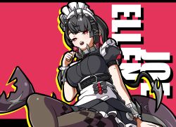  1girl absurdres black_hair breasts candy colored_inner_hair ellen_joe fins fish_tail food frilled_wristband hair_ornament hairband hairclip highres holding holding_candy holding_food holding_lollipop large_breasts large_tail lollipop maid maid_headdress metal_hairband mole mole_on_arm mole_under_eye multicolored_hair open_mouth pantyhose razor_blade_hair_ornament red_eyes red_hair scar scar_on_tail shark_girl shark_tail sharp_teeth short_hair solo spiked_headband tail teeth two-tone_hair vanziat x_hair_ornament zenless_zone_zero 