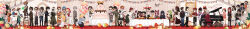  6+boys 6+girls absurdres ada_mesmer american_football_helmet anniversary backpack bag balloon beard beret bird black_bow black_bowtie black_gloves black_hair blonde_hair blush bow bowtie box brown_hair butterfly_net cake camera character_doll character_request commentary_request costume_request cup dark-skinned_female dark-skinned_male dark_skin doll drinking_glass earrings emil_(identity_v) facial_hair flower food gift gift_box glasses gloves grand_piano grey_gloves grey_hair hair_over_one_eye hand_net hat hat_feather helmet highres holding holding_butterfly_net holding_camera holding_cup holding_pom_poms identity_v instrument jewelry jiucang_p jumpsuit kevin_ayuso mask mike_morton mouth_mask multiple_boys multiple_girls musical_note mustache necktie one_eye_closed orange_bow orange_hair orange_jumpsuit owl patricia_dorval pennant piano pink_bow pink_hair pom_pom_(cheerleading) red-framed_eyewear red_hair red_necktie trophy v wide_image william_ellis wine_glass wrench yellow_flower 