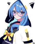  1girl absurdres bangs blending blue_choker blue_eyes blue_hair blue_sailor_collar blue_shirt bow bowtie choker closed_mouth crying crying_with_eyes_open earrings glasses hair_between_eyes highres hololive hood hood_up hooded_jacket hoshimachi_suisei jacket jewelry looking_at_viewer open_clothes open_jacket round_eyewear sailor_collar school_uniform serafuku shirt solo soranori symbol-shaped_pupils tears upper_body virtual_youtuber white_jacket yellow_bow yellow_bowtie 