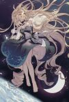  1girl absurdly_long_hair bangs barefoot black_choker black_dress blonde_hair breasts choker crescent_moon detached_sleeves dress enna_alouette floating floating_hair full_body highres long_hair looking_away looking_to_the_side moon nijisanji nijisanji_en official_alternate_costume parted_lips ribbon small_breasts solo space stayquiet2022 strapless strapless_dress very_long_hair violet_eyes virtual_youtuber 