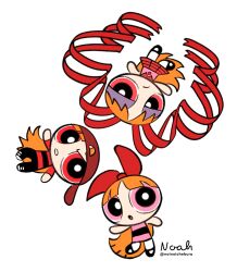  1boy 2girls artist_name backwards_hat baseball_cap berserk_(ppg) black_pants black_shoes blossom_(ppg) blunt_bangs blunt_ends bow brick_(ppg) child commentary_request dc_comics dc_powerpuff_girls dress hair_bow half-closed_eyes hat highres long_sleeves mary_janes messy_hair multiple_girls noah_(rokoroko) orange_hair pants pantyhose parted_bangs pink_dress pink_eyes powerpuff_girls red_bow red_eyes red_hat red_ribbon red_shirt red_skirt ribbon shirt shoes skirt sneakers twitter_username white_background white_pantyhose 