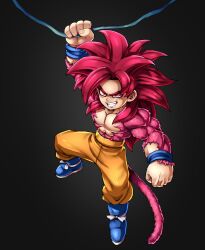 1boy blue_boots body_fur boots dragon_ball dragon_ball_daima goketerhc highres long_hair male_focus monkey_tail muscular muscular_male orange_pants pants parted_lips red_eyes red_fur red_hair red_tail smirk solo son_goku spiky_hair tail 