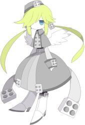  1girl angel angel_wings blonde_hair blue_eyes boots buttons capelet collared_capelet double-breasted dress expressionless froze_(funamusea) full_body funamusea funamusea_(artist) grey_capelet grey_dress grey_hat grey_skirt haiiro_teien hair_ornament hat long_sleeves official_art pillbox_hat short_hair simple_background skirt solo standing twintails white_background white_boots white_wings wings 