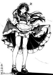  1boy absurdres alternate_hair_length_(longer) apron blunt_ends blush closed_mouth commentary crossdressing crossdressing_(mtf) curtsey dress english_commentary enmaided fingernails frilled_apron frilled_dress frills from_below full_body genshin_impact greyscale hair_ribbon highres hootaru_u juliet_sleeves long_hair long_sleeves looking_at_viewer maid maid_apron maid_headdress male_focus male_maid mary_janes monochrome puffy_sleeves ribbon scaramouche_(genshin_impact) shoes short_sleeves solo spoken_squiggle squiggle sweatdrop thigh-highs tsurime twitter_username waist_apron white_background wind wispy_bangs 