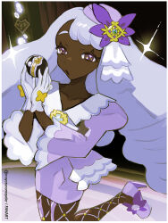  1girl border brown_eyes collarbone commentary dark-skinned_female dark_skin dress eyelashes fishnet_pantyhose fishnets grey_hair hands_up hat high_heels highres holding holding_poke_ball indoors jacinthe_(pokemon) leg_up long_hair luxury_ball mayotsunamayo open_mouth pantyhose poke_ball pokemon pokemon_legends:_z-a puffy_sleeves purple_dress purple_hat purple_shoes shoes solo sparkle tilted_headwear twitter_username white_border 