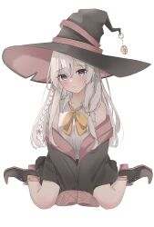  1girl absurdres bare_shoulders black_hat black_robe blue_eyes blush bow braid collared_shirt commentary congroo elaina_(majo_no_tabitabi) full_body hair_between_eyes hat highres long_hair long_sleeves looking_at_viewer majo_no_tabitabi pointy_boots ribbon robe shirt simple_background sitting skirt sleeveless sleeveless_shirt solo wariza white_background white_hair white_shirt witch witch_hat yellow_ribbon 