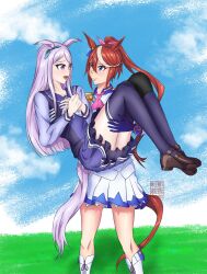  animal_ears aqua_bow ascot asymmetrical_gloves bow carrying commentary ear_bow ear_ribbon english_commentary epaulettes gloves highres horse_ears horse_girl horse_tail horseshoe_ornament jacket kimasixart knee_pads mejiro_mcqueen_(umamusume) mismatched_gloves multicolored_hair multicolored_jacket pink_ascot princess_carry purple_hair purple_shirt sailor_collar sailor_shirt school_uniform shirt single_epaulette single_hair_streak skirt streaked_hair tail tokai_teio_(peak_joy)_(umamusume) tokai_teio_(umamusume) tracen_school_uniform tracen_training_uniform two-tone_jacket two-tone_skirt umamusume violet_eyes white_skirt white_streaks yuri 