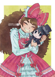  1girl aizawa_sachi blush bow bow_hairband brown_hair character_doll commentary_request dated doll dress grin hairband holding holding_stuffed_toy long_hair long_sleeves open_mouth original pink_bow pink_dress pink_hairband red_nails revision smile solo stuffed_toy teeth thick_eyebrows twitter_username 