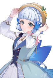 1girl absurdres arms_up blue_dress blue_hair blunt_bangs blunt_sidelocks braid brown_hat butterfly_hair_ornament commentary_request dress flower genshin_impact grey_eyes hair_flower hair_ornament hand_on_headwear hat hat_flower highres kamisato_ayaka kamisato_ayaka_(springbloom_missive) long_sleeves looking_at_viewer mole mole_under_eye neck_tassel official_alternate_costume shiinauka sidelocks smile solo tassel upper_body white_background white_sleeves 