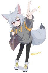  1girl ahoge animal_ear_fluff animal_ears bag black_pantyhose choker commentary_request fox_ears fox_girl fox_tail full_body grey_hair grey_hoodie grey_shoes grin hair_between_eyes hair_ornament hairclip highres hood hoodie long_sleeves looking_at_viewer minowa_sukyaru miwa_kitsune-chan notice_lines original outstretched_arm pantyhose reaching reaching_towards_viewer red_eyes shoes short_hair shoulder_bag simple_background smile sneakers solo standing tail twitter_username v white_background 