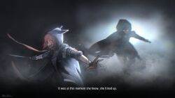  2girls arknights commentary crownslayer_(arknights) dual_wielding english_commentary fighting_stance fur-trimmed_hood fur_trim gloves glowing glowing_eyes hair_between_eyes highres holding holding_knife holding_weapon hood hood_up hooded_jacket jacket knife looking_ahead looking_at_another mask mouth_mask multiple_girls okukin_07 open_clothes open_jacket projekt_red_(arknights) red_eyes short_hair tail weapon wolf_girl wolf_tail 