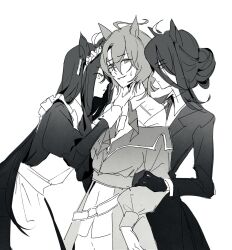  3girls agnes_tachyon_(umamusume) ahoge apron black_coat clone coat coffeeseal collared_shirt dress ear_ornament ear_tag earrings frilled_apron frills gloves hair_between_eyes hair_bun hair_up hand_on_another's_chin highres jewelry long_hair long_sleeves maid manhattan_cafe_(umamusume) multicolored_hair multiple_girls off_shoulder parted_lips shirt short_hair single_earring single_hair_bun sweatdrop umamusume very_long_hair yuri 