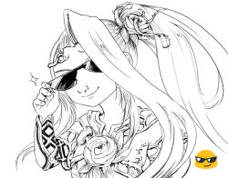  1girl adjusting_eyewear bad_id bad_tumblr_id chibi-pit flower greyscale hair_flower hair_ornament hand_on_eyewear kid_icarus kid_icarus_uprising monochrome ponytail reference_inset smile solo sparkle sunglasses viridi 